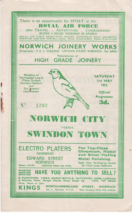 <b>Saturday, May 3, 1952</b><br />vs. Norwich City (Away)